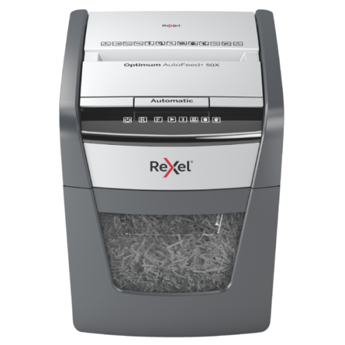 Rexel Optimum AutoFeed+ 50X Dokumentų naikiklis Cross cut shredding 4x28mm P-4 20L 55dB, Pilka/Juoda